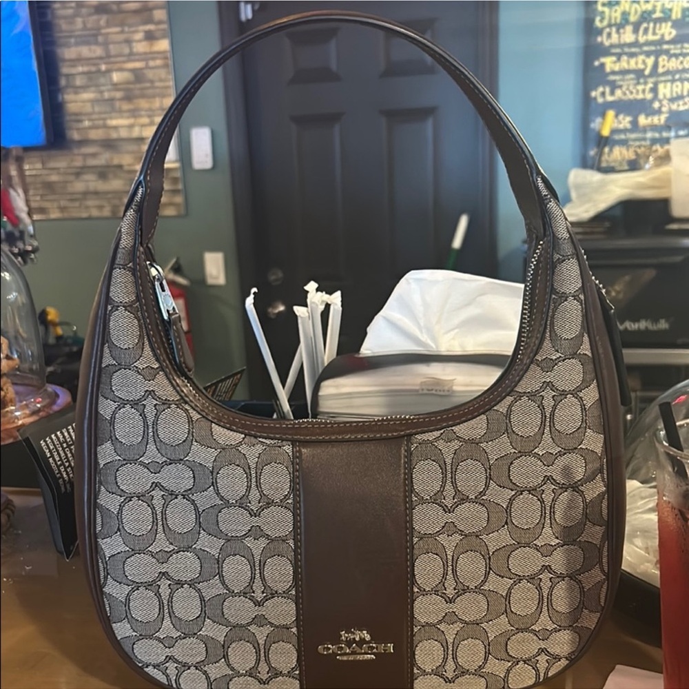 Coach Brown and Beige Signature Hobo Shoulder Bag